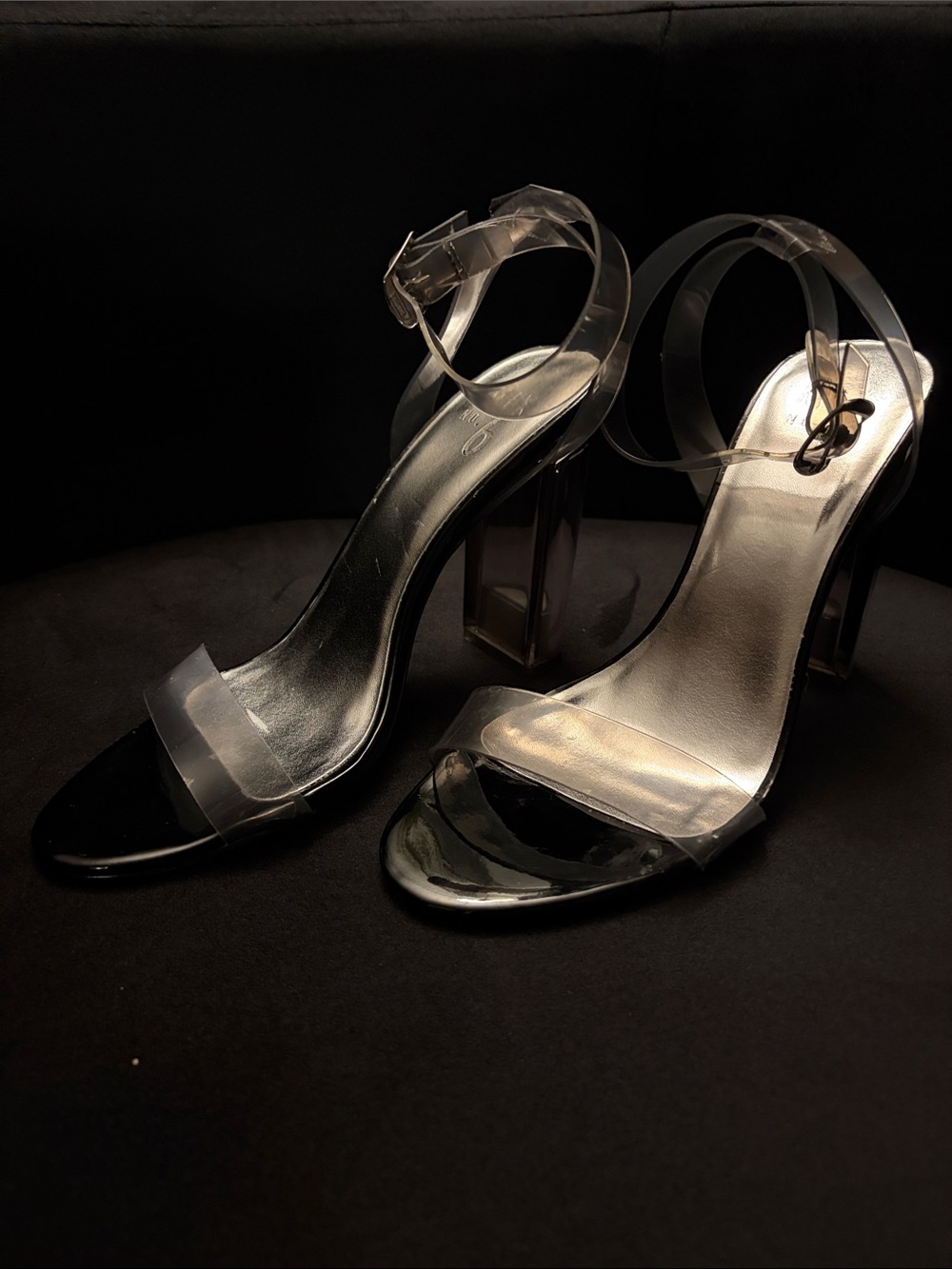 ONLY WORN ONCE!!!- Mi Black Patent Block Heel Sandals with Clear Straps